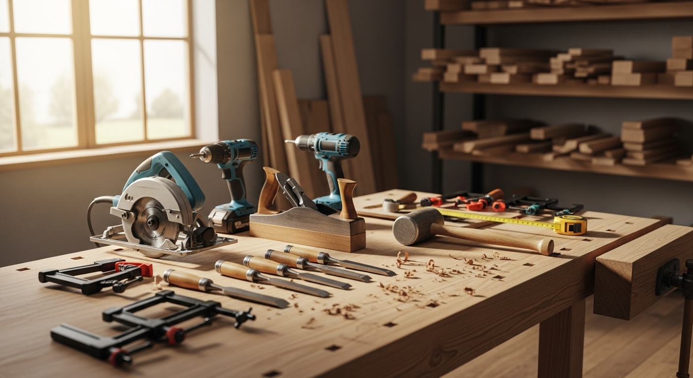 Kreissäge, Bohrmaschinen und Handwerkzeuge in einer Holzwerkstatt