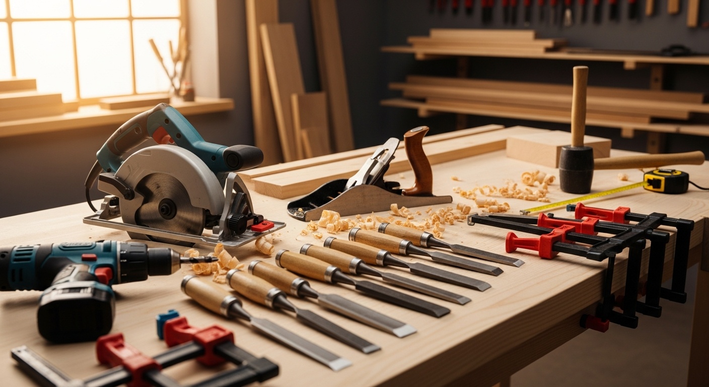 Handkreissäge und Holzwerkzeuge auf einer Werkbank