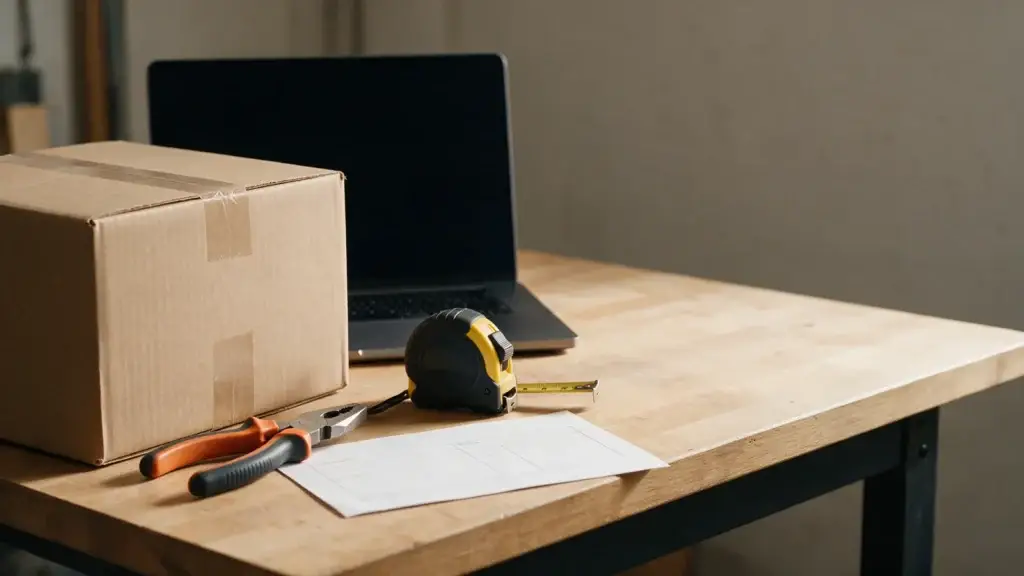 Neutraler Versandkarton, Werkzeug und Laptop auf einer Werkbank