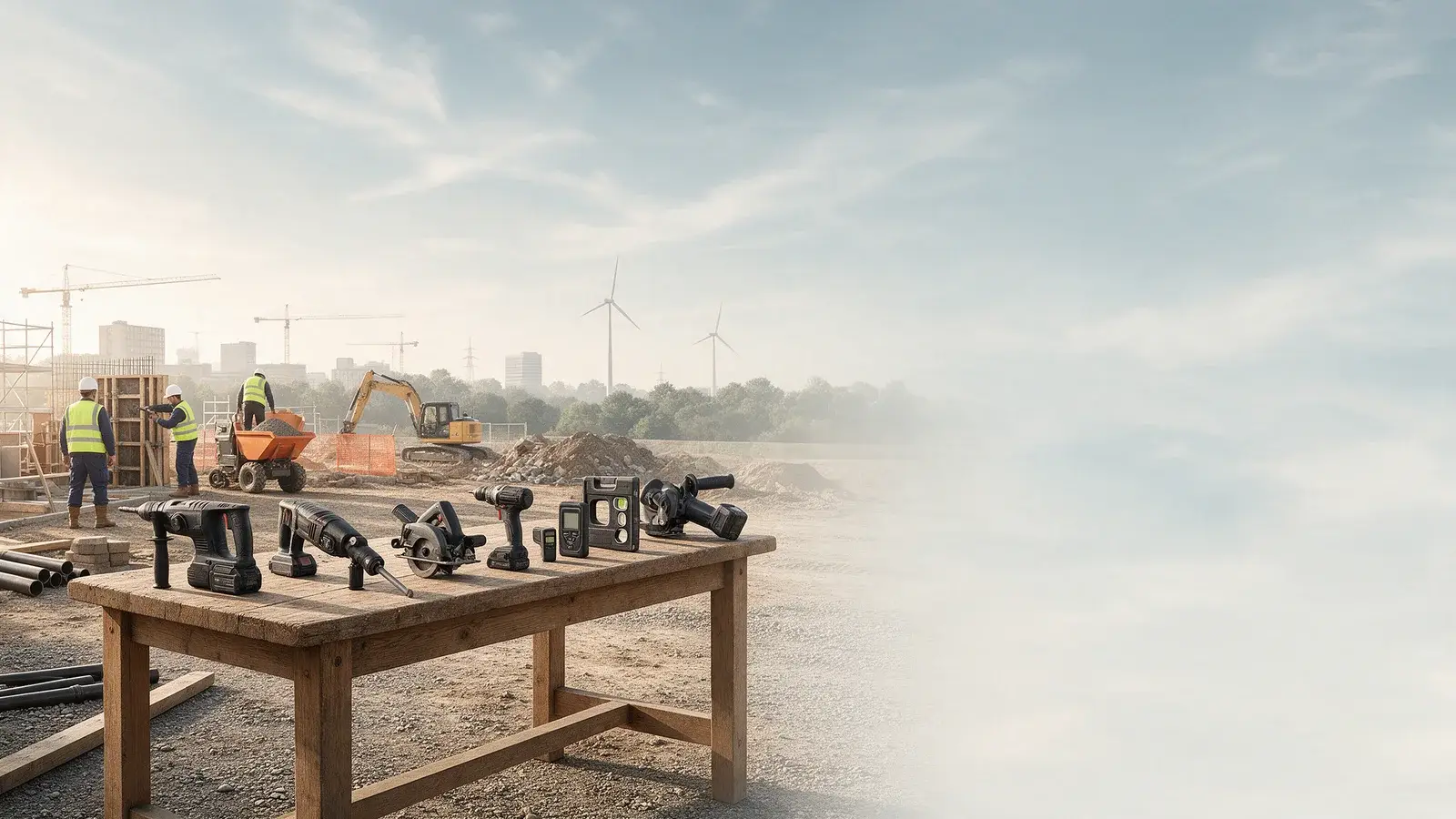 Generische Elektrowerkzeuge und Messtechnik auf einer modernen Baustelle