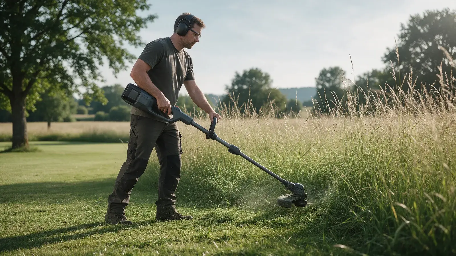 Landschaftspfleger schneidet hohes Gras mit einem kabellosen Rasentrimmer