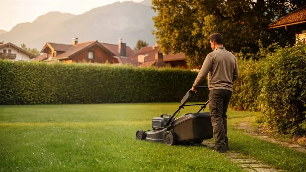 Person mäht in einem österreichischen Wohngarten mit einem Akku-Rasenmäher