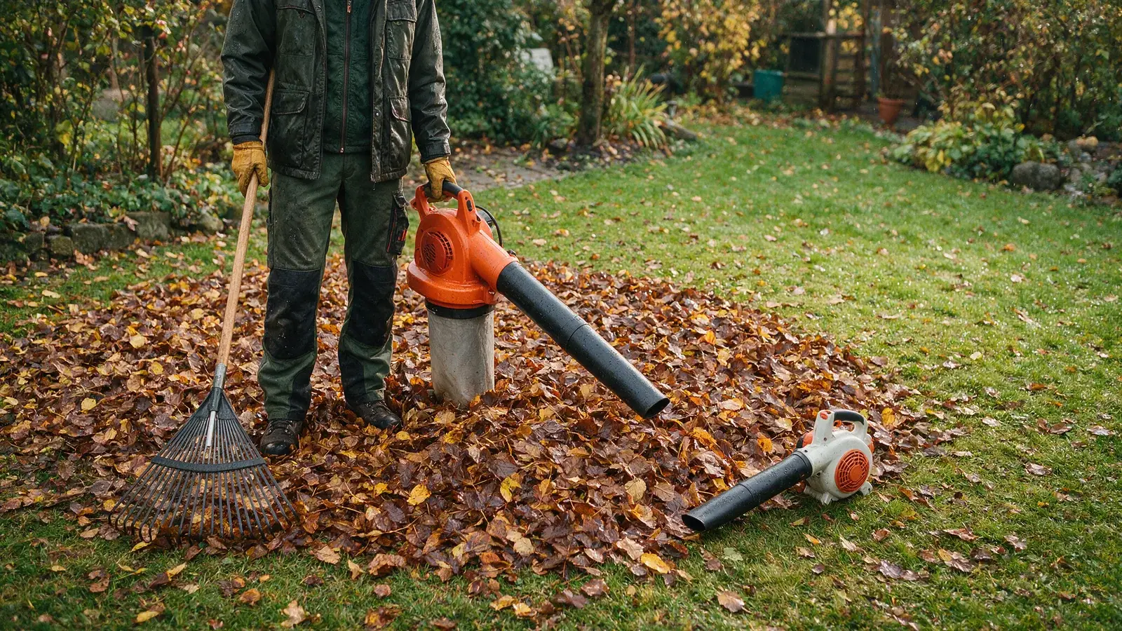 Person mit Rechen neben einem markenfreien Laubsauger und Laubbläser auf nassem Herbstlaub