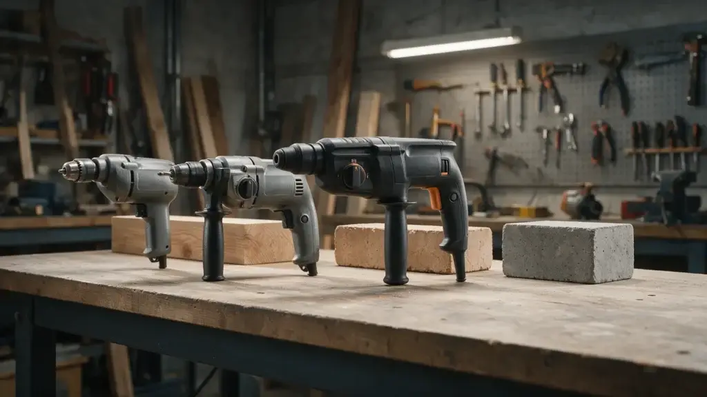 Generische Bohrmaschine, Schlagbohrmaschine und Bohrhammer neben Holz, Ziegel und Beton