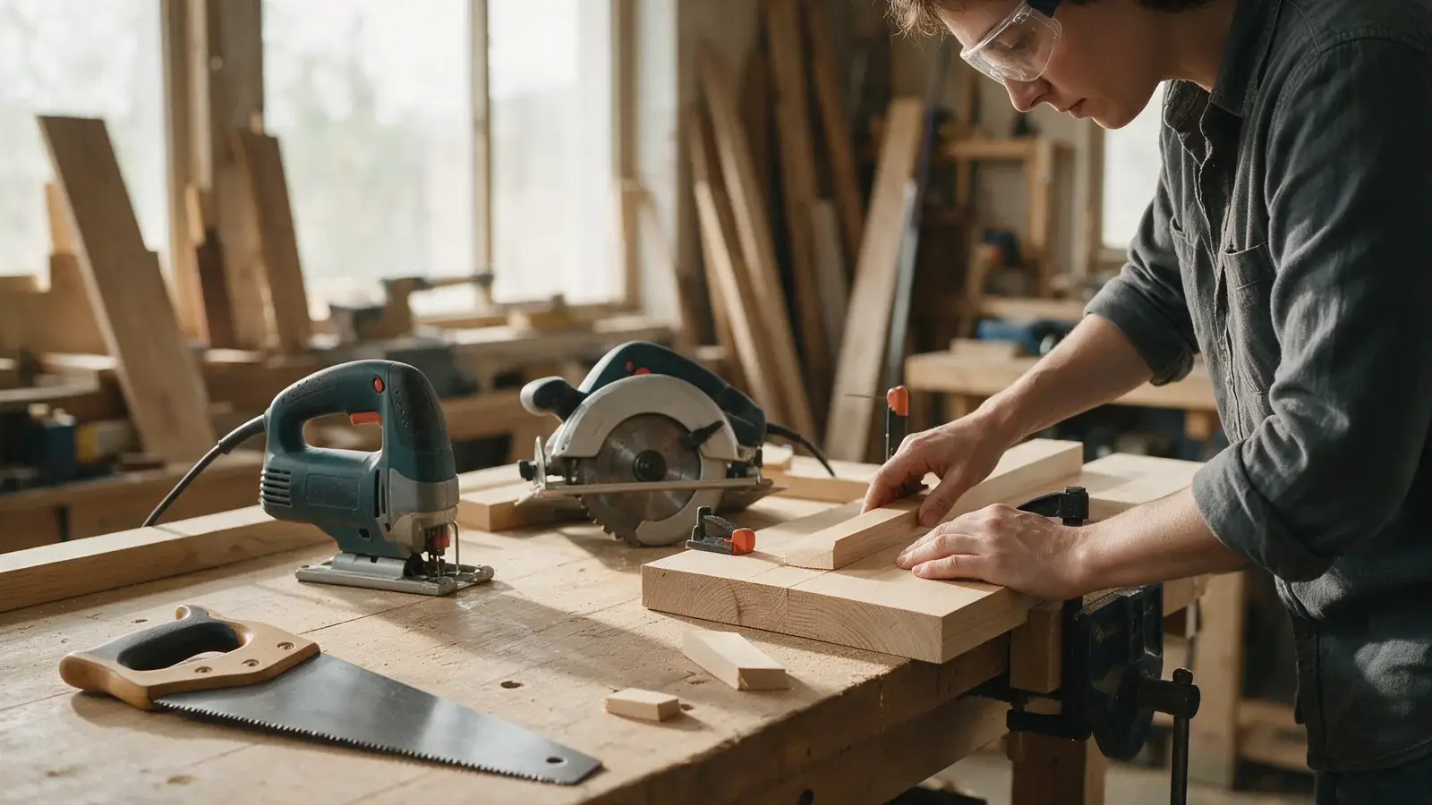 Handsäge, ausgeschaltete Stichsäge und Handkreissäge neben fixiertem Holz in einer Werkstatt