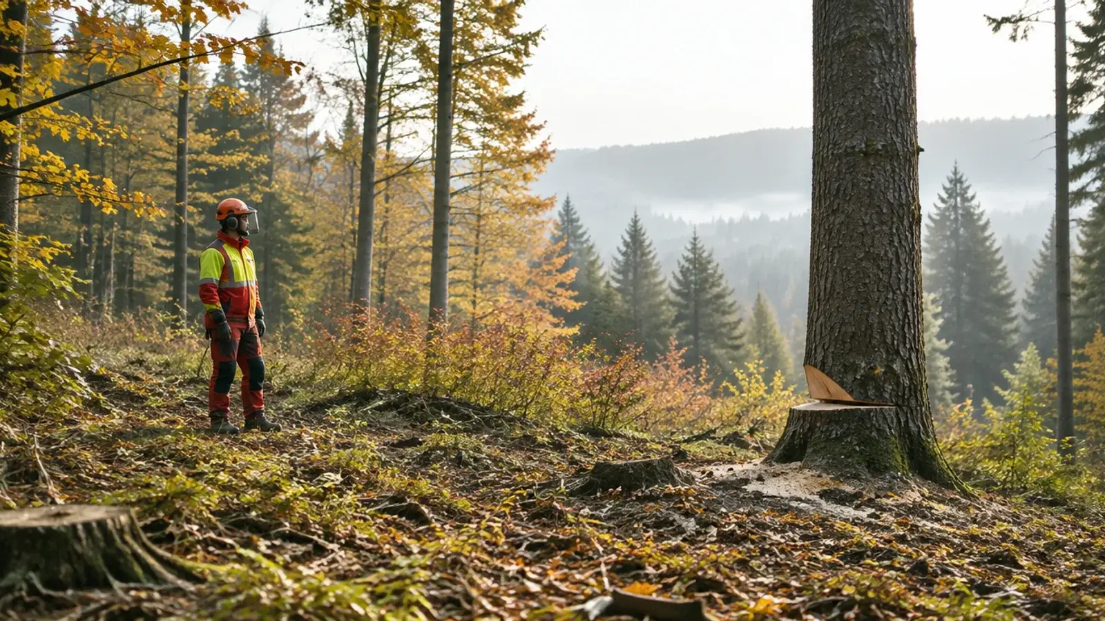 Forstfachkraft in Schutzausrüstung in der Rückweiche vor einem vorbereiteten Baum